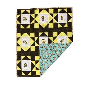 Handmade Baby Quilt Embroidered Monkeys Two Sided 38” x 46” Cotton Fleece